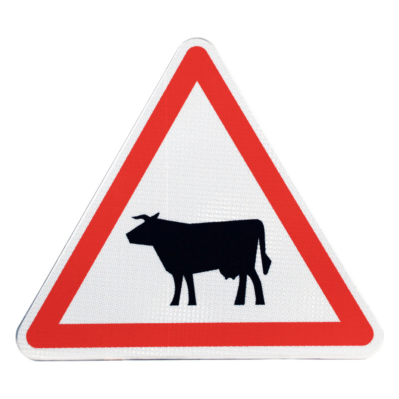 Face avant du panneau de signalisation A15a1 - Passage d'animaux domestiques (vache) I WP Signalisation